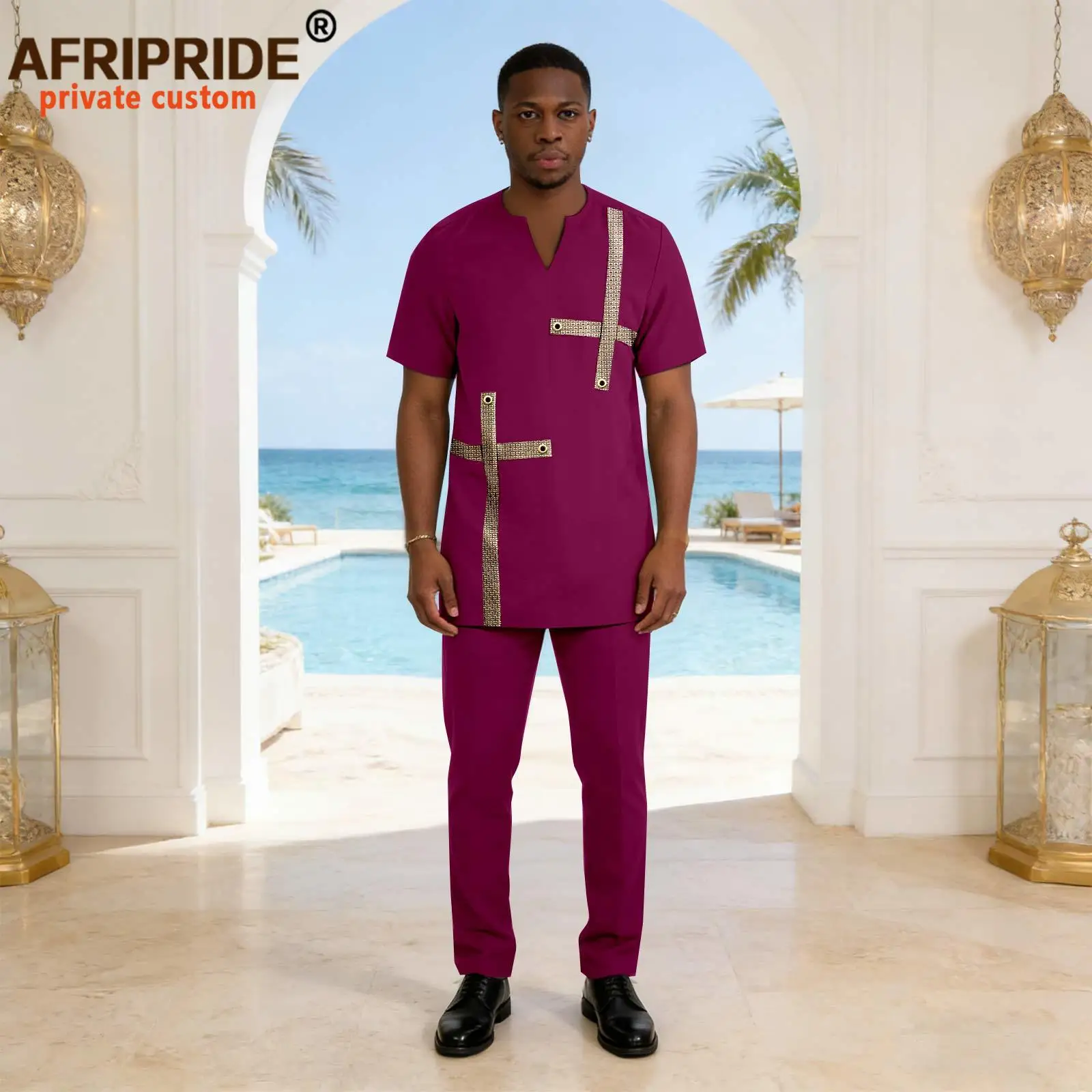 

African Suits for Men V-neck Short Sleeve Applique Shirts and Pants 2 Piece Set Dashiki Outfits Tribal Tracksuit Attire 2616044