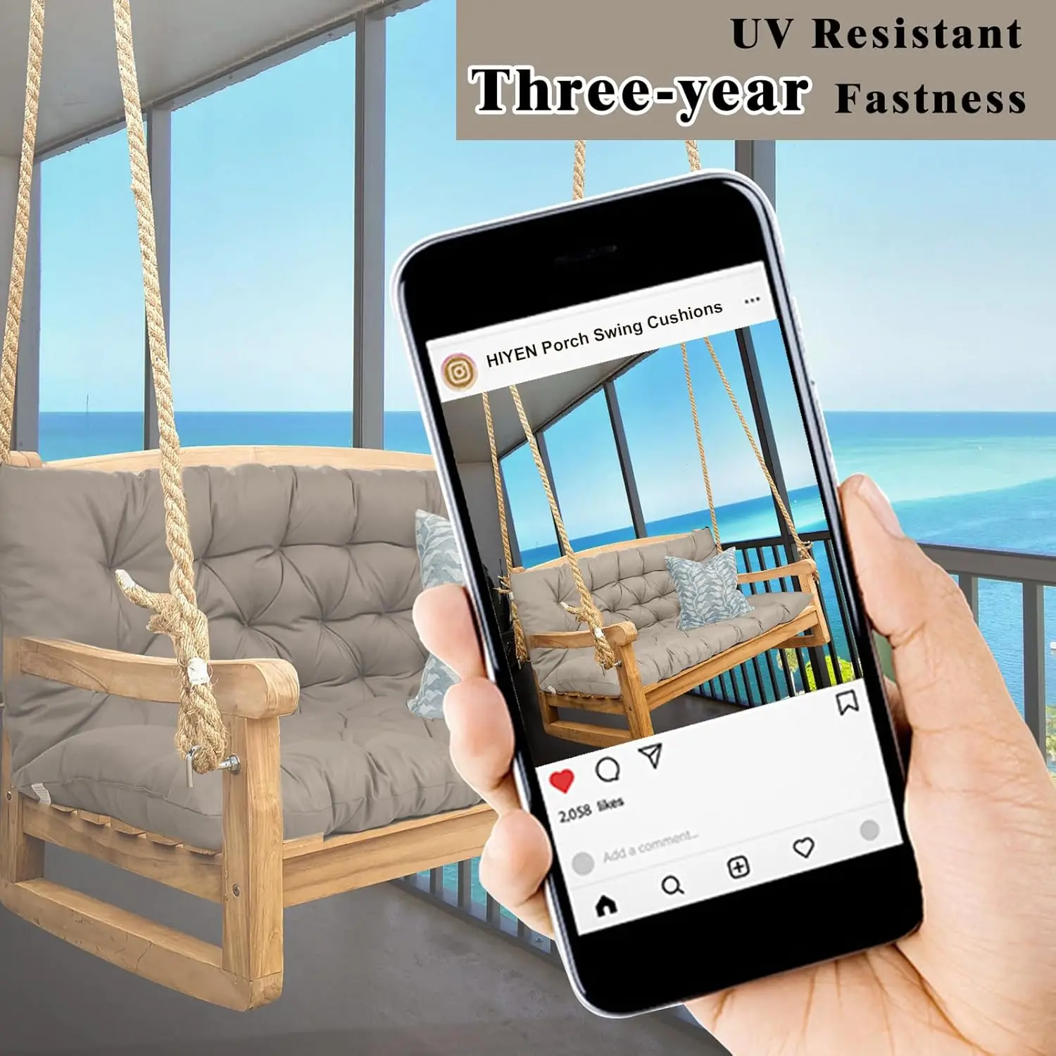 Outdoor Porch Swing Cushions, Khaki Color, Waterproof and 4\