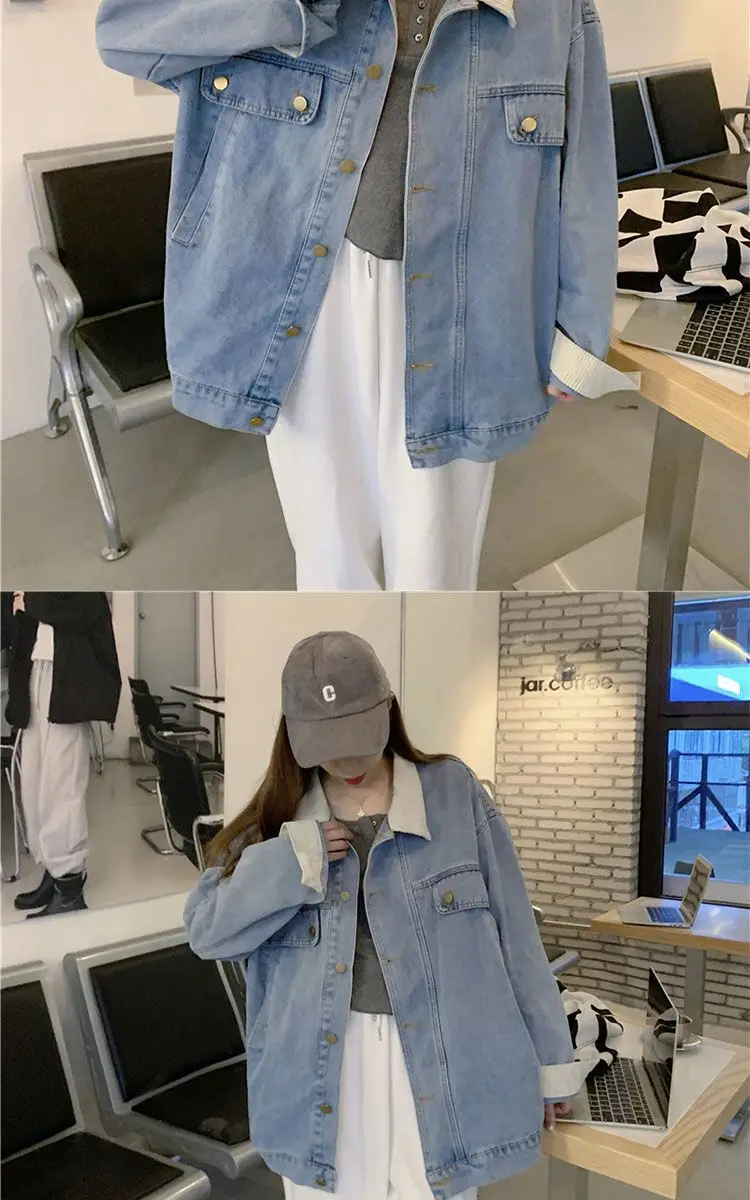 معطف الدنيم للنساء الشتاء جلد الغنم مبطن مقنعين زر مزين أفخم اقتصاص اصطف رفرف سمكا الرباط شيك #4