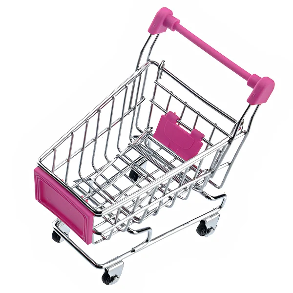 

Mini Shopping Cart Storage Box Rosy Metal Plastic Desktop Organizer For Pens Cosmetics Cellphone Gadgets Decoration