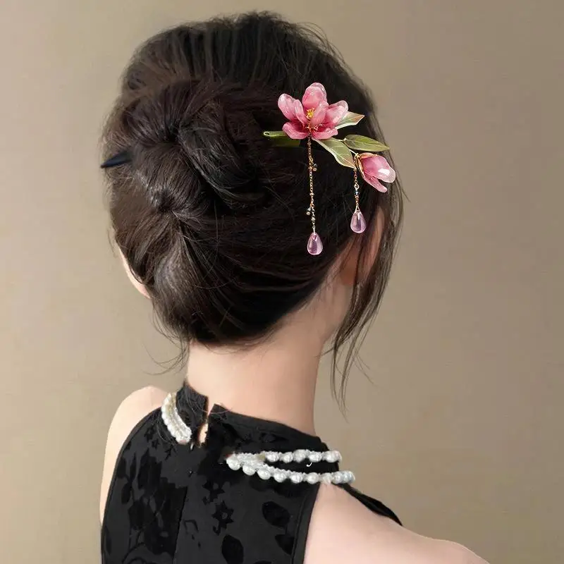 Blumen-Haarstab im chinesischen Stil, Haarnadel im Retro-Stil, traditionelles Hanfu, rosa Blumenquaste, elegantes Haar-Accessoire für Frauen, für den Alltag und Partys. – Detail 4