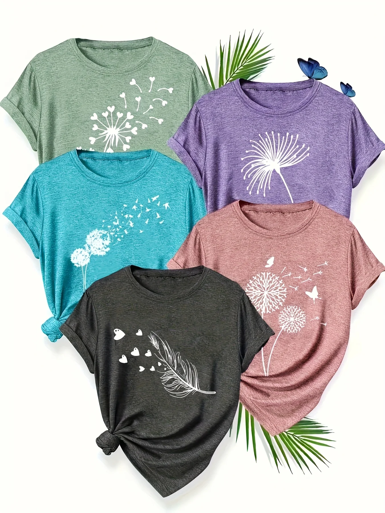 Dandelion Birds Women's Tee - Delicate Graphic, Casual Teal Top
