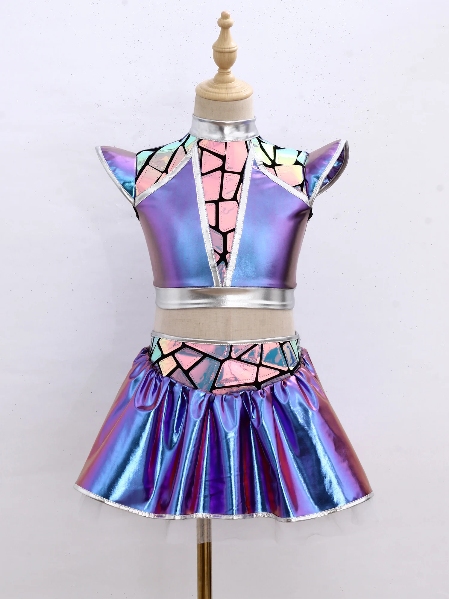 Kids Girls Jazz Dance Costume Set Sleeveless Metallic Leotard Dress for Tap Latin Cha-cha Modern Hip Hop Performance Dancewear - view 3