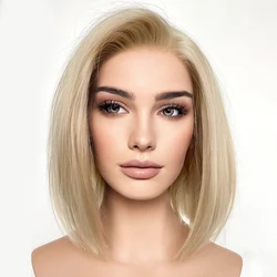 Fantasie Schoonheid Korte Bob Champagne Blonde Zijdeachtige Rechte Kanten Pruiken Voor Synthetisch Haar Voor Zwarte Vrouwen Transparante Kanten Pruiken