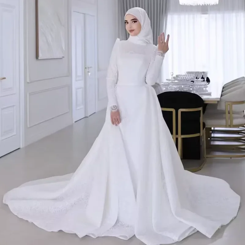 

Muslim Wedding Dress with Hijab for Bride High Neck Long Sleeve Modest Sweep Train Lace A-Line Gown Customize Vestidos De Novia