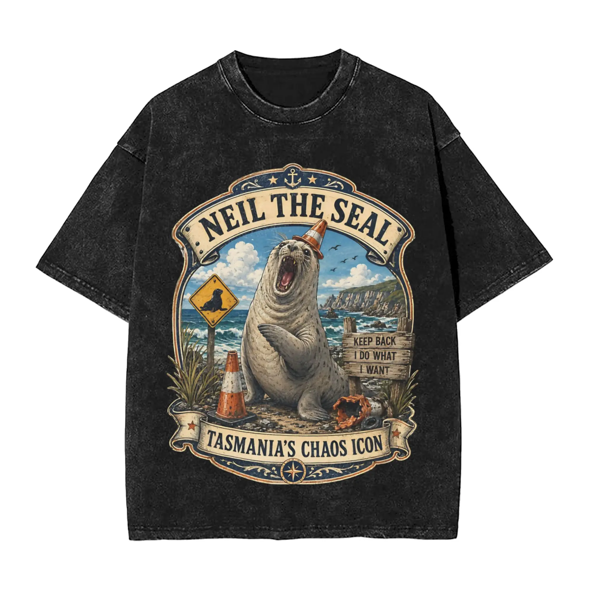 Neil the Seal Animal Washed T Shirt Streetwear Hip Hop Fashion T-Shirts  Tees Men Women Short Sleeve Oversize Graphic Printed
