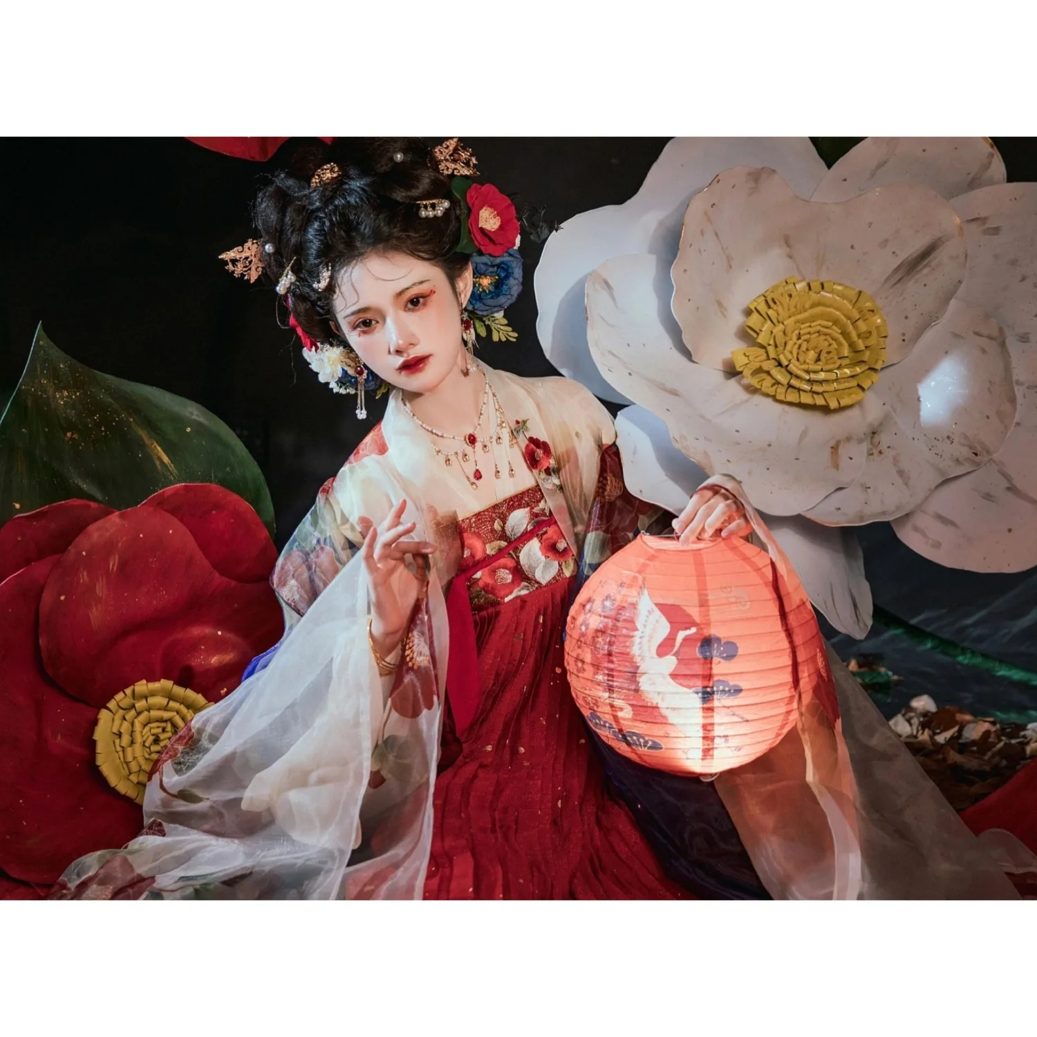 Jupe plissée de poitrine à manches larges de style Tang, Hanfu rouge, camélia aviation, robe traditionnelle chinoise, hanfu féminin