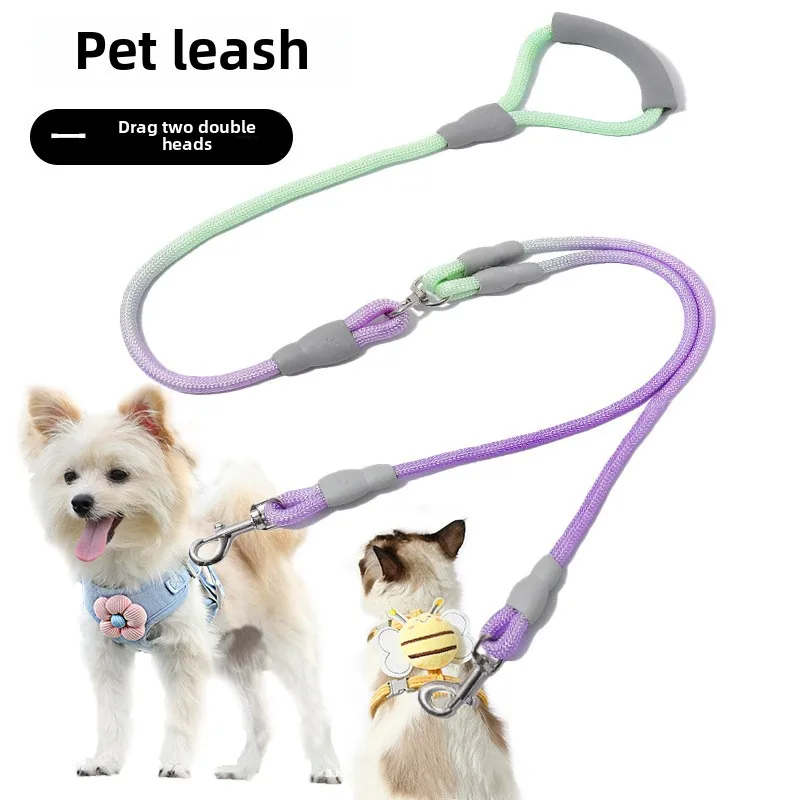 

collar para perro Dual Handle Retractable Lead for 2 Dogs Walking, Heavy Duty Nylon Anti-Pull Leash with Reflective Stitching