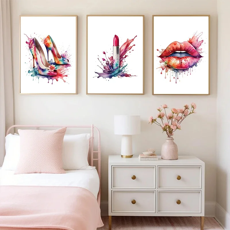 Multiple sizes 1pc frameless Canvas Painting,Modern Fashion Cosmetics Lipstick Heels Perfume Lips Watercolor Artwork Poster Canv