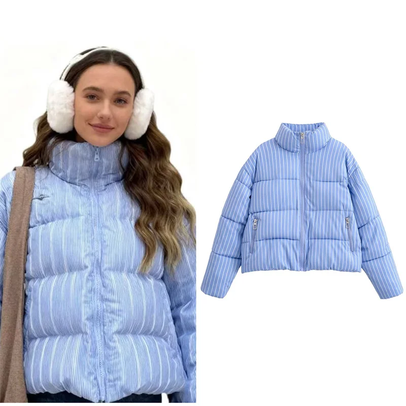 

Women's Jacket 2025 Autumn New Style Blue Striped Long-Sleeve Simple Warm Cotton Jacket Casual Fashion Versatile