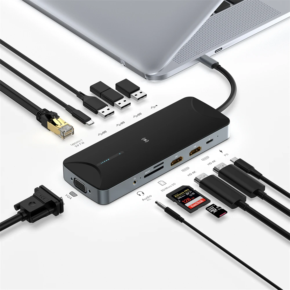 USB Type c Hub 13 in 1 With 10W Wireless Charging USB C Docking Station 4K Dual HDMI RJ45 PD USB Expansion Type C Hub Adapter