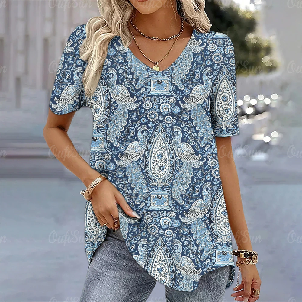 

Vintage Women's T Shirt 3D Flower Pattern Lady Clothes Summer V-Neck Oversized Blouse Female Harajuku Casual Short Sleeve Tops