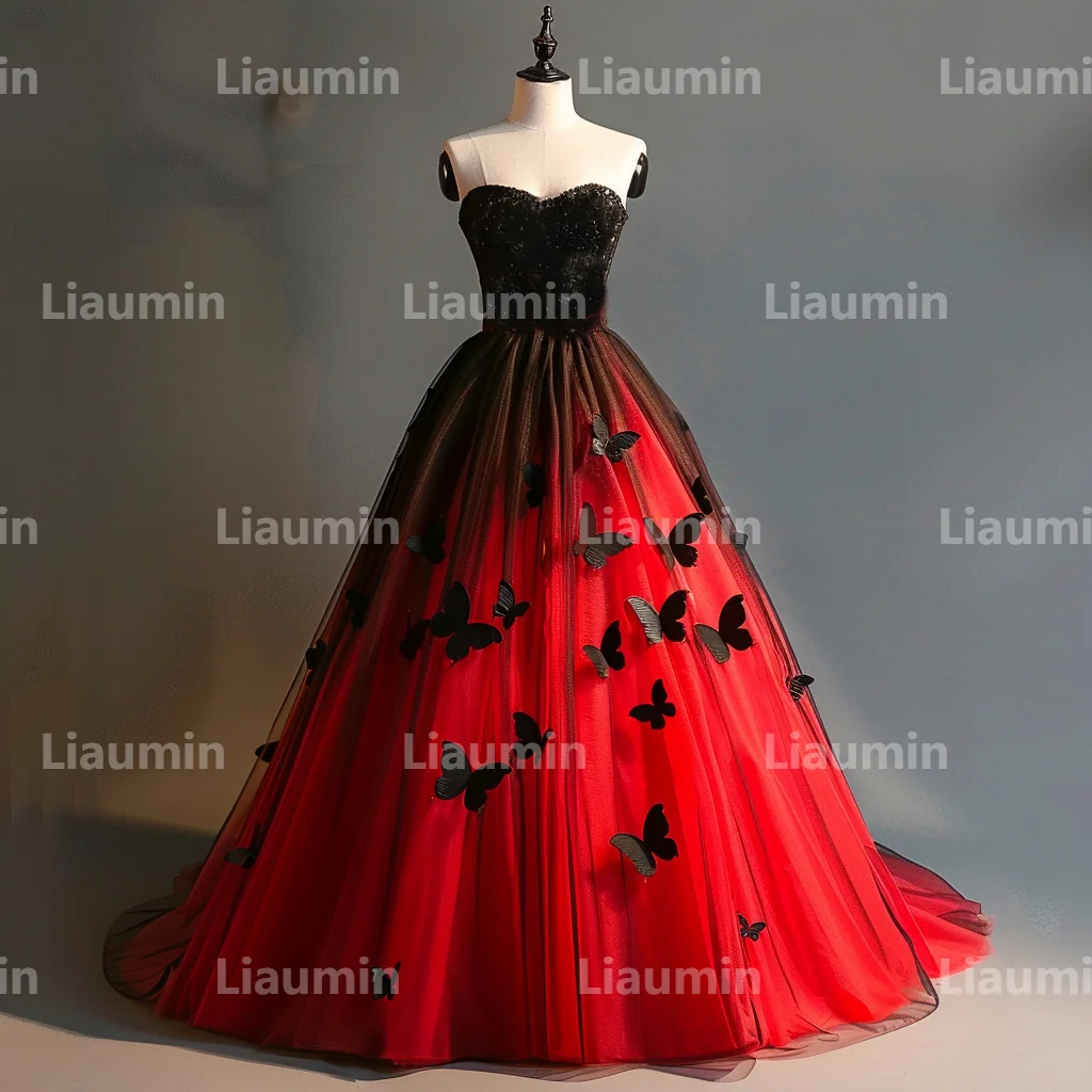 Tulle rosso e nero con farfalla senza spalline abiti da ballo da sera abiti da sposa lunghezza pavimento occasione formale personalizzata W15-41