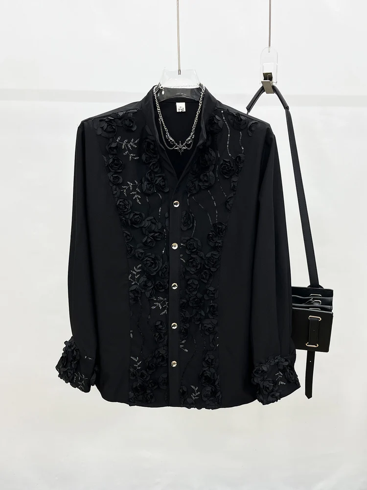 

Bla Embroidered oulder Padded Men's irt Original Design Casual Korean Sle Long Sve Button up Youth Faion