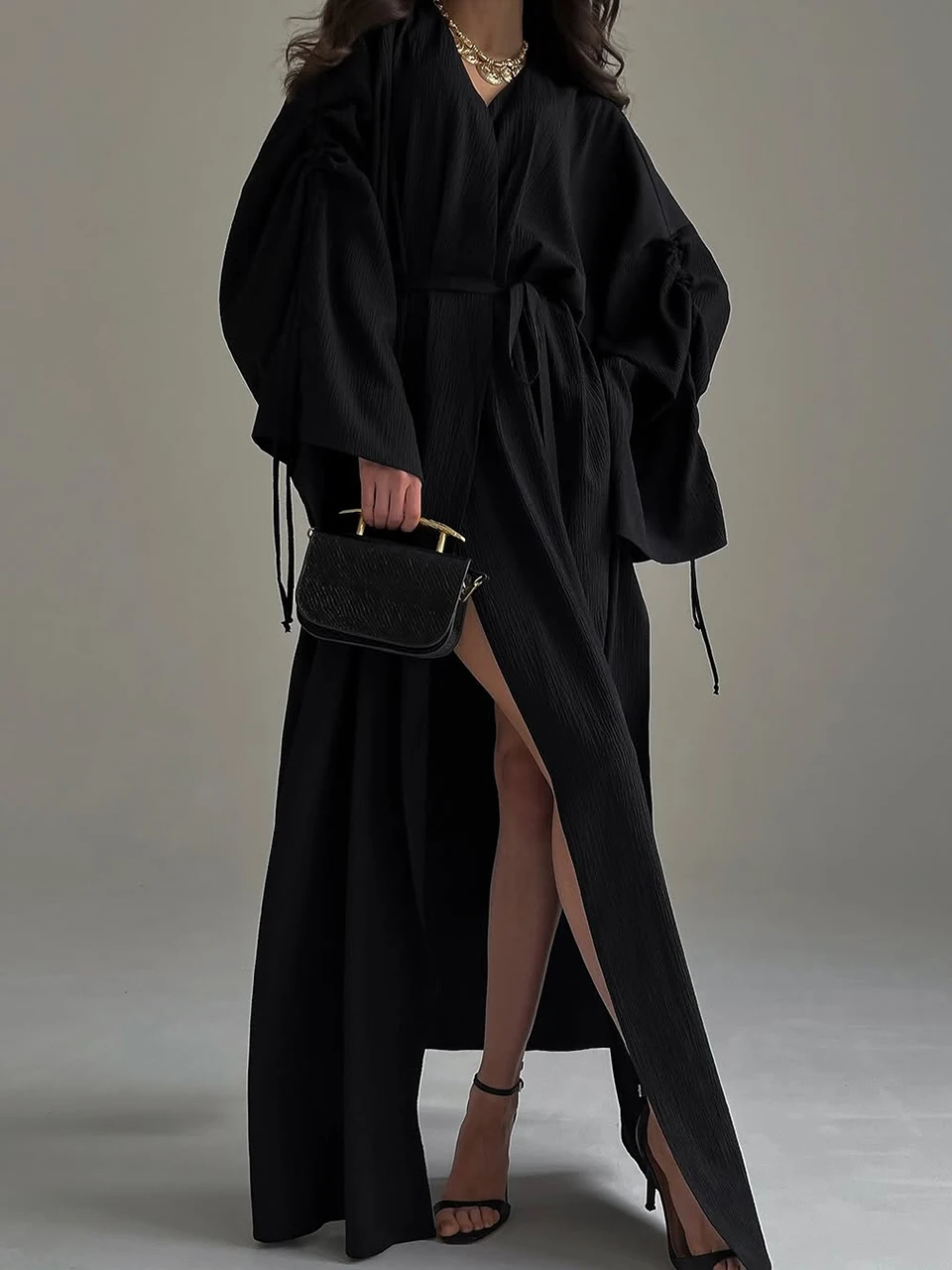 Marthaqiqi Winter Ladies Sleepwear Lace Up Pajamas Long Sleeve Robe V-Neck Nightgowns Ankle-Length Dress Casual Female Nightwear