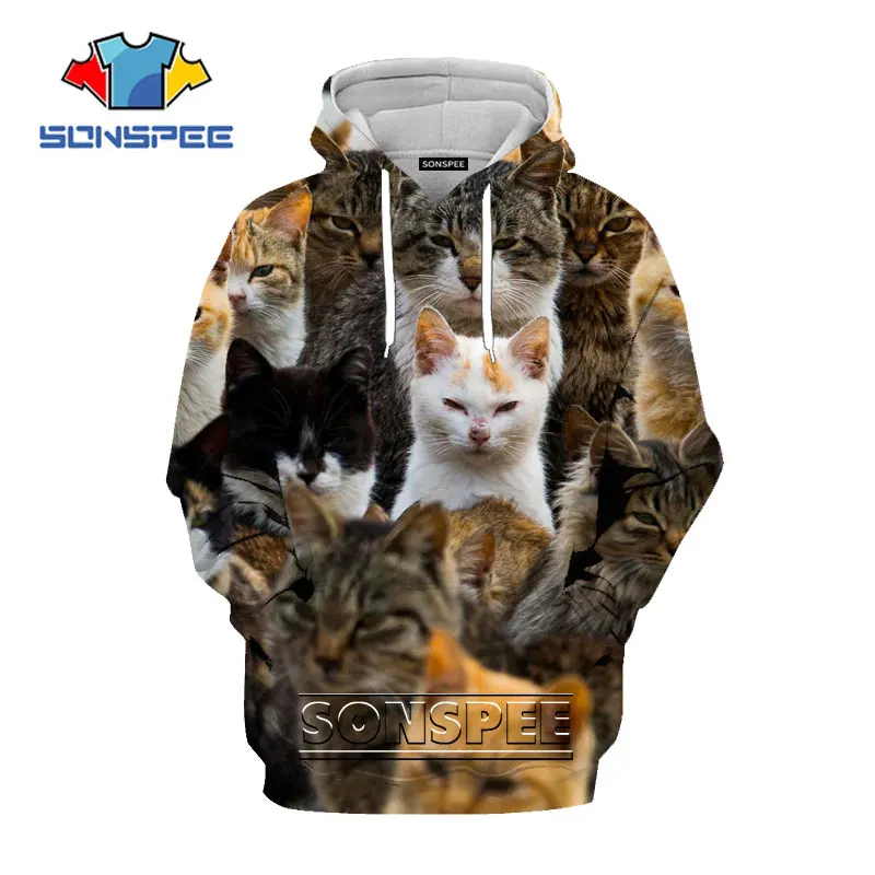 SONSPEE Anime 3D Print Hoodie Men Women Cute Cat Swtearshirt Funny Cat Head Pattern Harajuku Long Sleeves Casual Autumn Coat