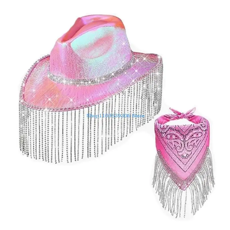 400A Sparkling Cowboy Hat Pink Bandana for Stage Shows Photo Studio Props