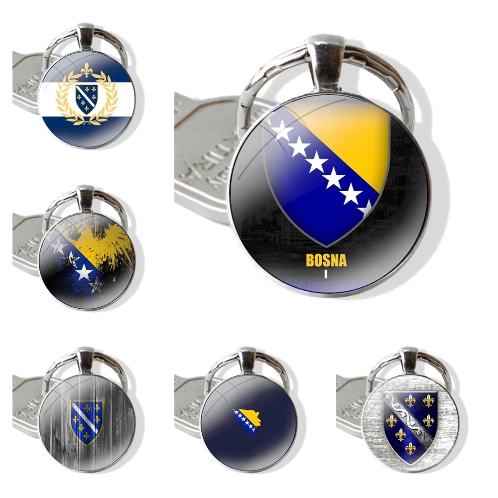 Keychain Handmade Glass Cabochon Key Ring Holder Pendant Key Chains Bosnia and Herzegovina Flag