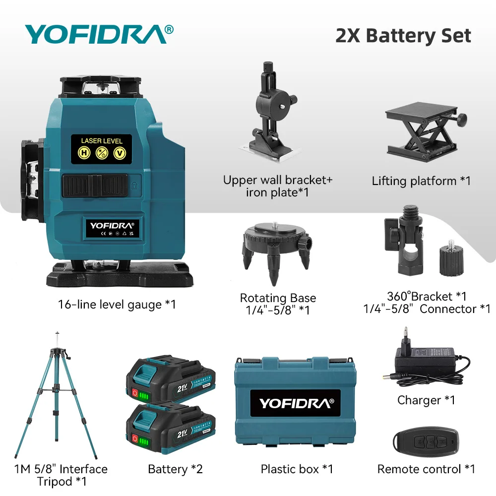 YOFIDRA 16 Lijnen 4D Laser Waterpas Zelfnivellerend Ultra Krachtige Groene Straal 360 Horizontaal Verticaal Voor Makita 18-21V Accu Pin