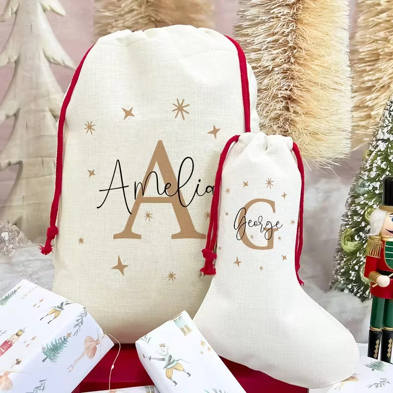 Personalisierte Weihnachtsgeschenktüte, Strumpf mit Namen und Initialen, Heiligabend-Geschenk für Kinder, Jungen und Mädchen, Weihnachtsdekorationen