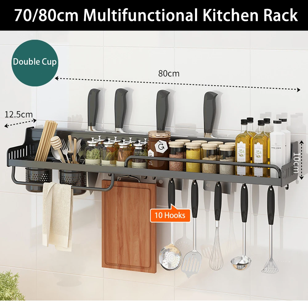 

70/80cm Multifunctional Kitchen Organizer Wall-mounted Aluminum Kitchen Rack With Hook Punch-Free Kitchen Accessories