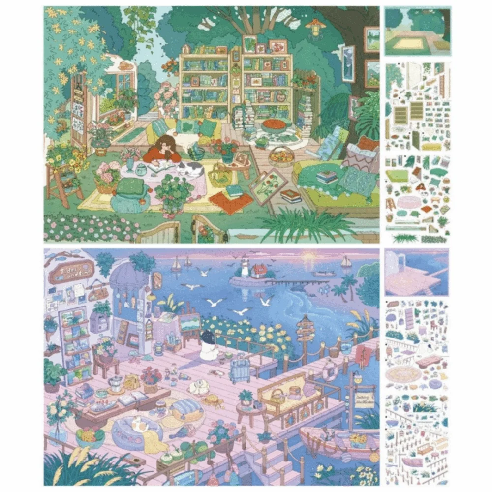 4pcs Forest Theme Miniature Scene Stickers Cartoon Girls PET Miniature Sticker Set Self-Adhesive 3D Scenery Decals For Journal