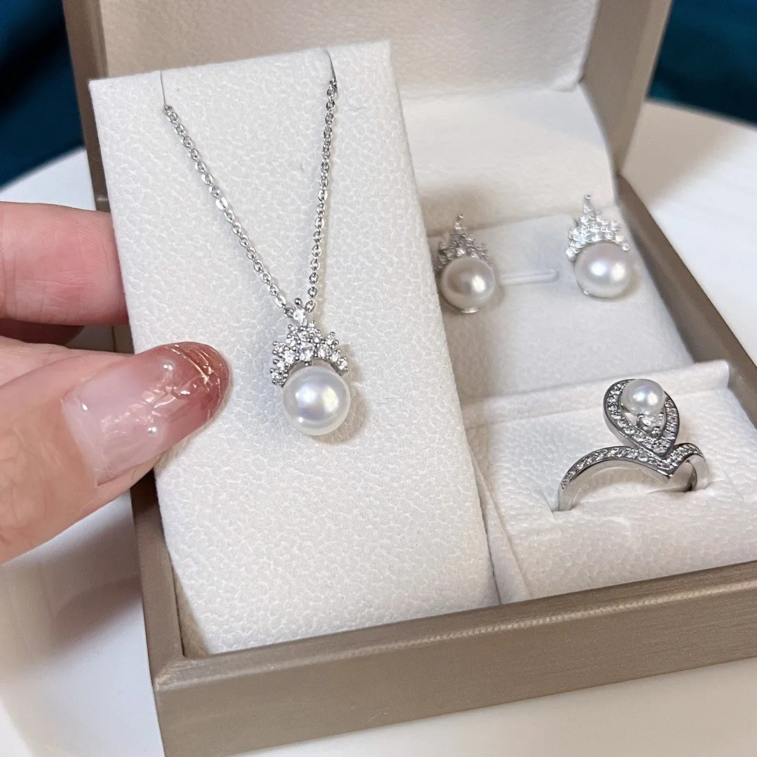 New Fashion Pearl Jewelry Set Natural Freshwater Pearl Necklace Earrings Ring 925 Sterling Silver Crown Design Jewelry For Women