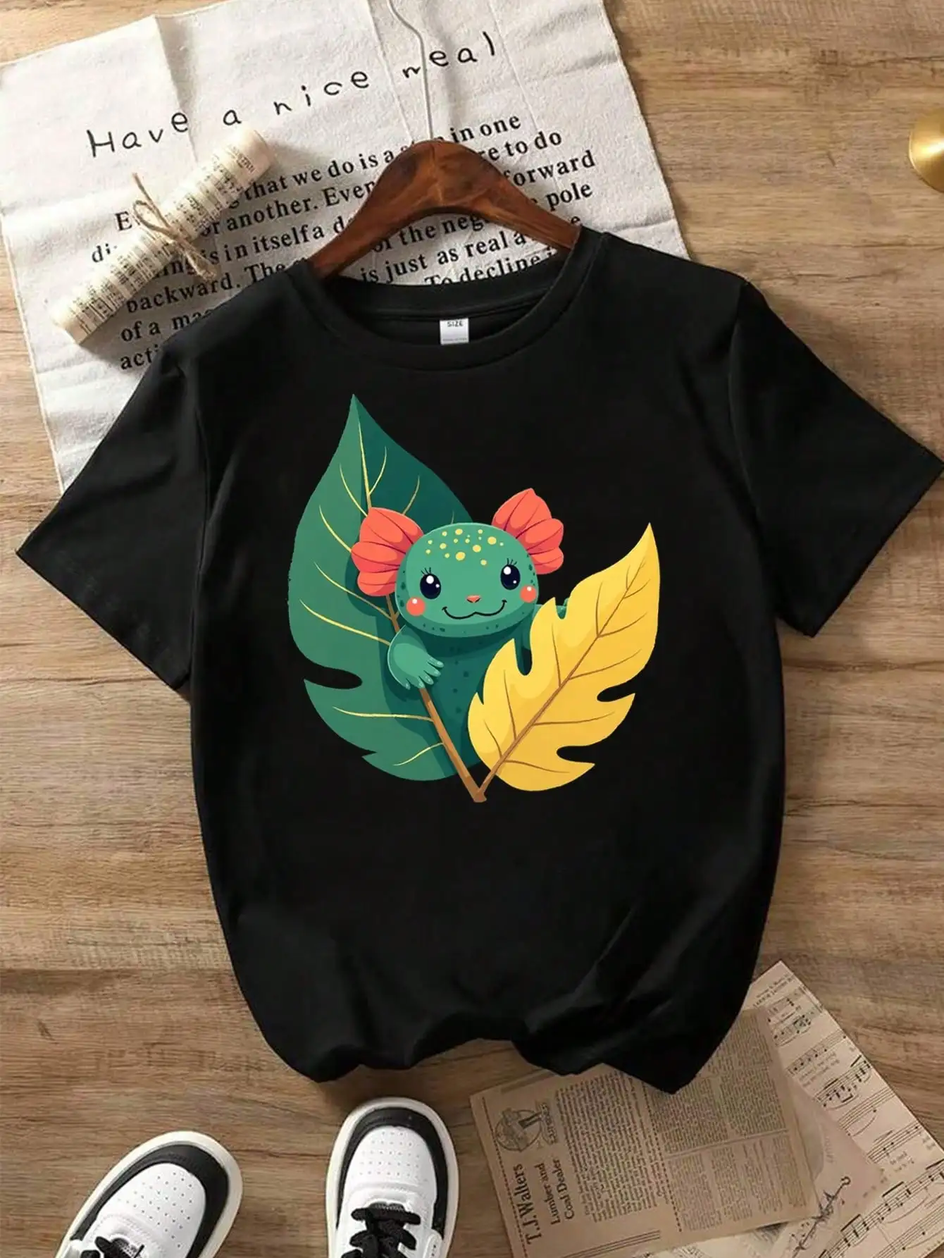 

Axolotl And Leaf Cotton T-Shirt, Black Tee With Cute Axolotl And Leaf, Nature Summer Tops
