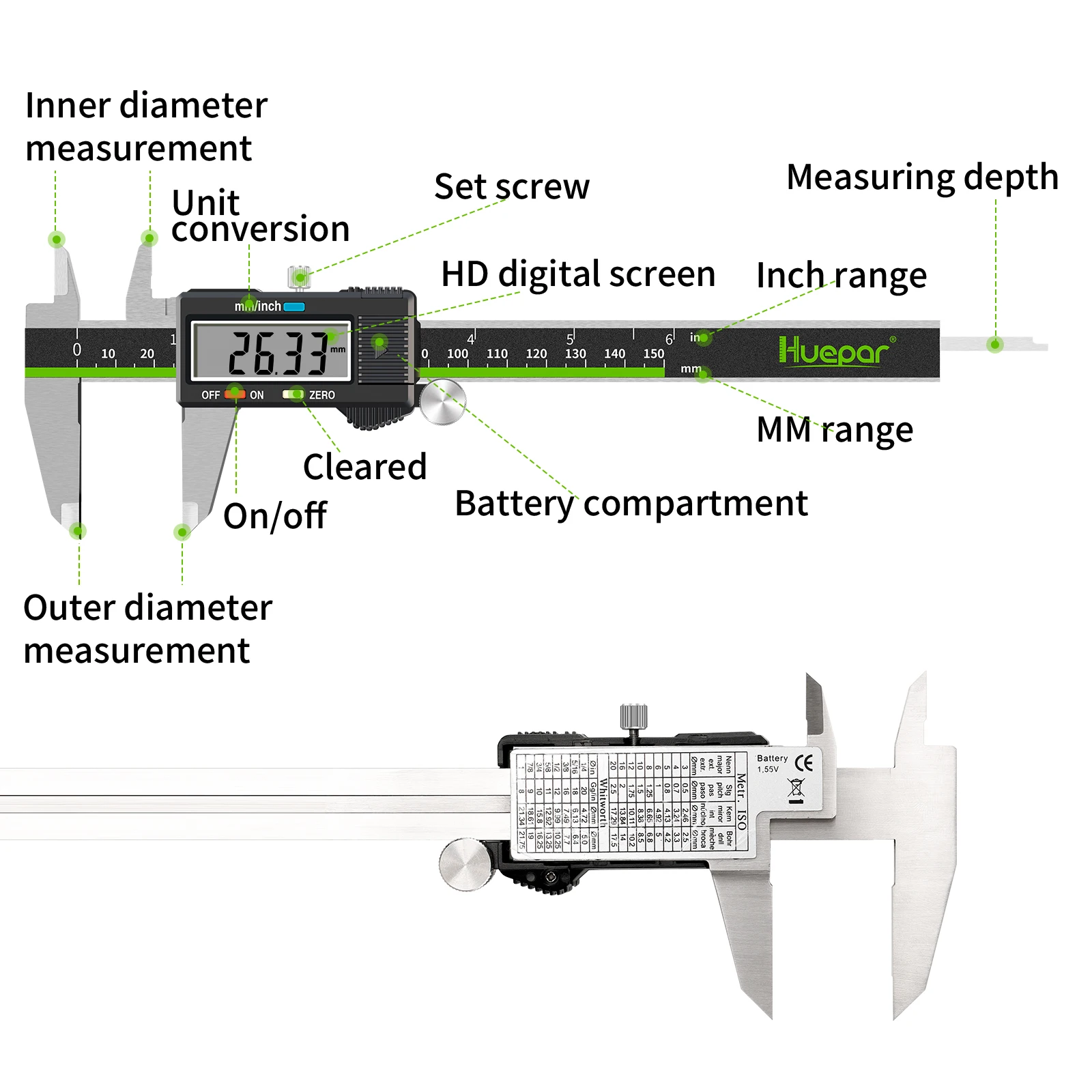 Huepar Measuring Tool Stainless Steel Digital Caliper Electronic Magnatic Vernier Caliper For Inner Outer Depth & Level Scale