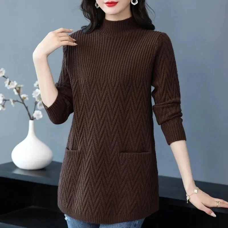 New Autumn Winter Large Size Women Sweater Pullovers Half Turtleneck Knitted Sweater Loose Long Sleeve Casual Jumper Female Tops