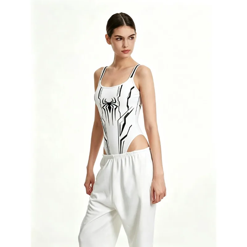 Women Girls Spider Spider‑Web Print One Piece Bodysuit Swimsuit U‑Neck Sleeveless Bathing Suit Cosplay Streetwear Beach Swimwear