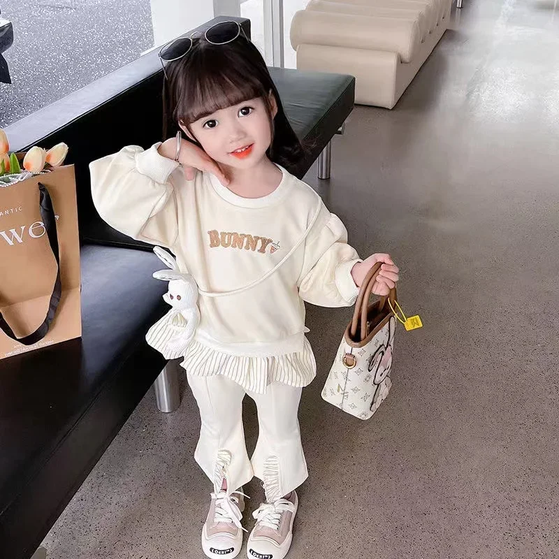 Set pakaian sweter anak perempuan, setelan baju Sweater katun murni, celana Flare kasual dua potong, Set lengan panjang Barat, mode musim semi dan musim gugur untuk anak perempuan