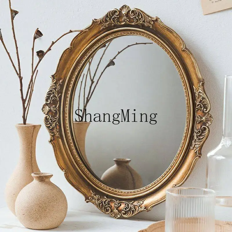 FG Retro Court Gold Klassischer Luxus-Schminkspiegel aus Harz mit Schnitzereien, oval, zum Aufhängen an der Wand