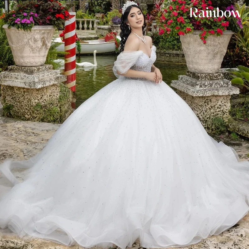 Vestido De quincea con hombros descubiertos, Organza con volantes y encaje bordado, Vestido De fiesta De graduación sin mangas, Vestido De Noche personalizado