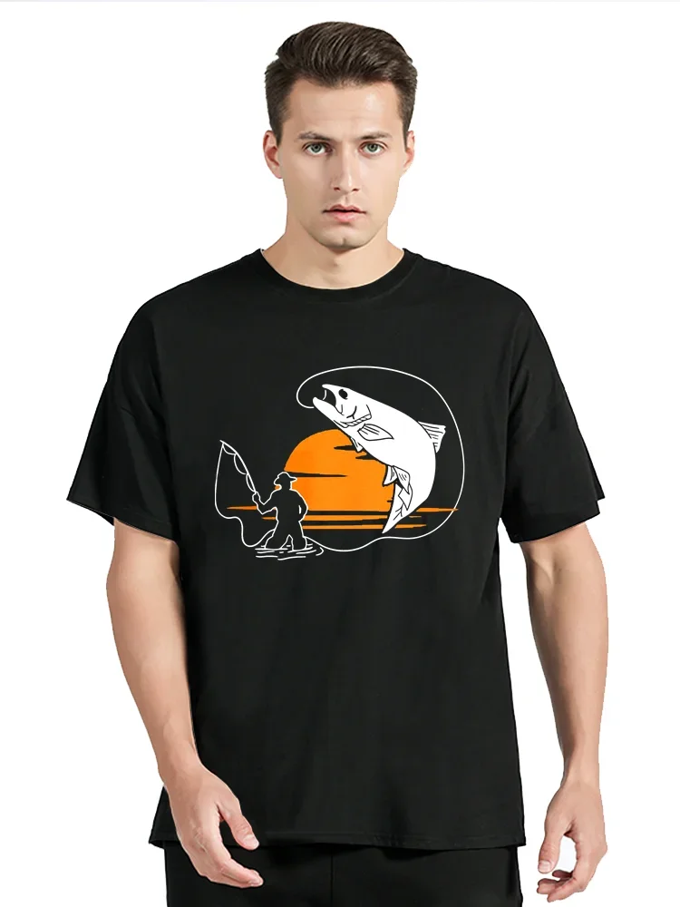 

Fly Fishing Rising Sun Angler Fisherman Angling T Shirt For Angler Vintage T-shirt Men Clothing Oversized Graphic Tees Tops