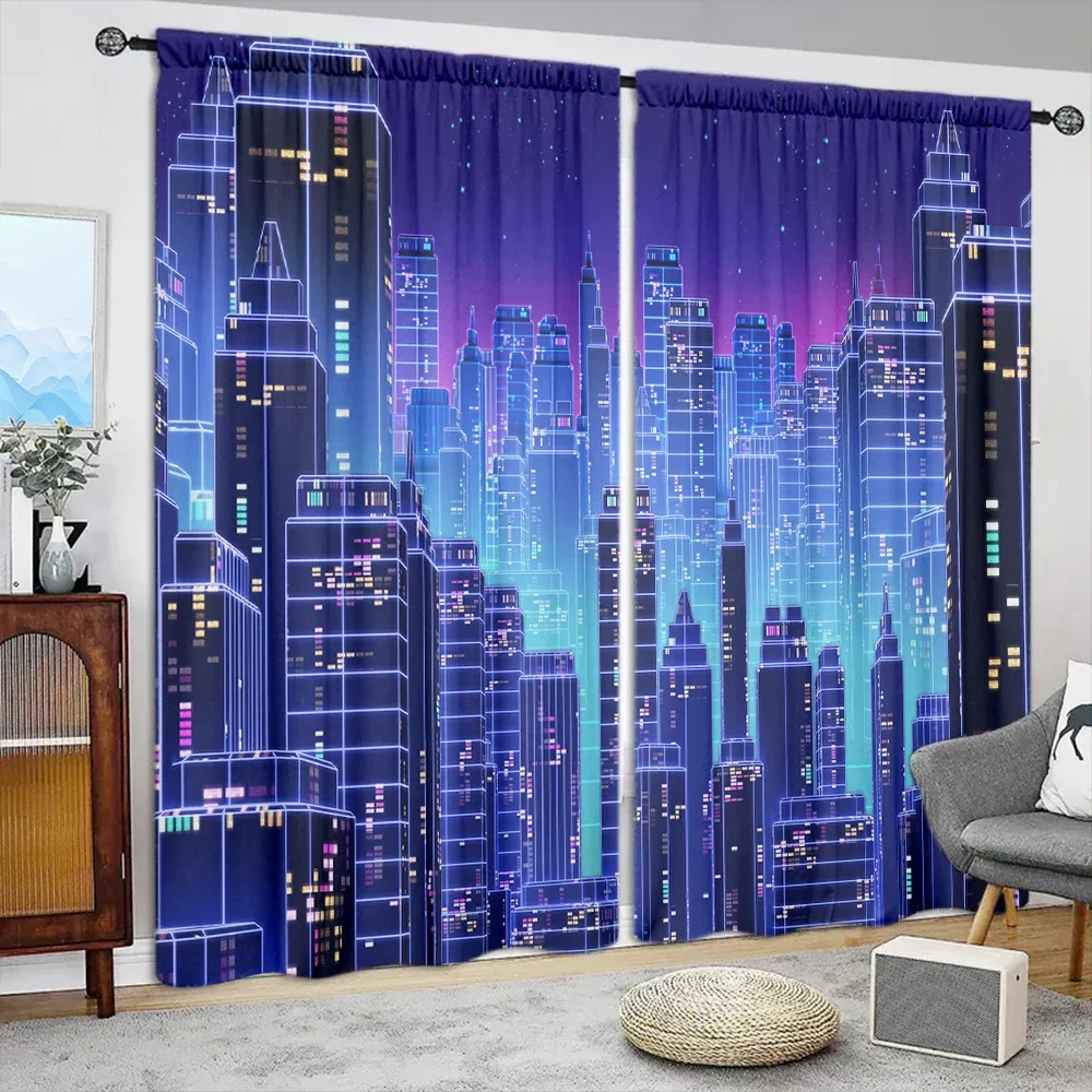 2pcs Neon City Printed Curtain for Home Decor - Rod Pocket Window Treatment for Bedroom, Office, Kitchen, Living Room, and Study