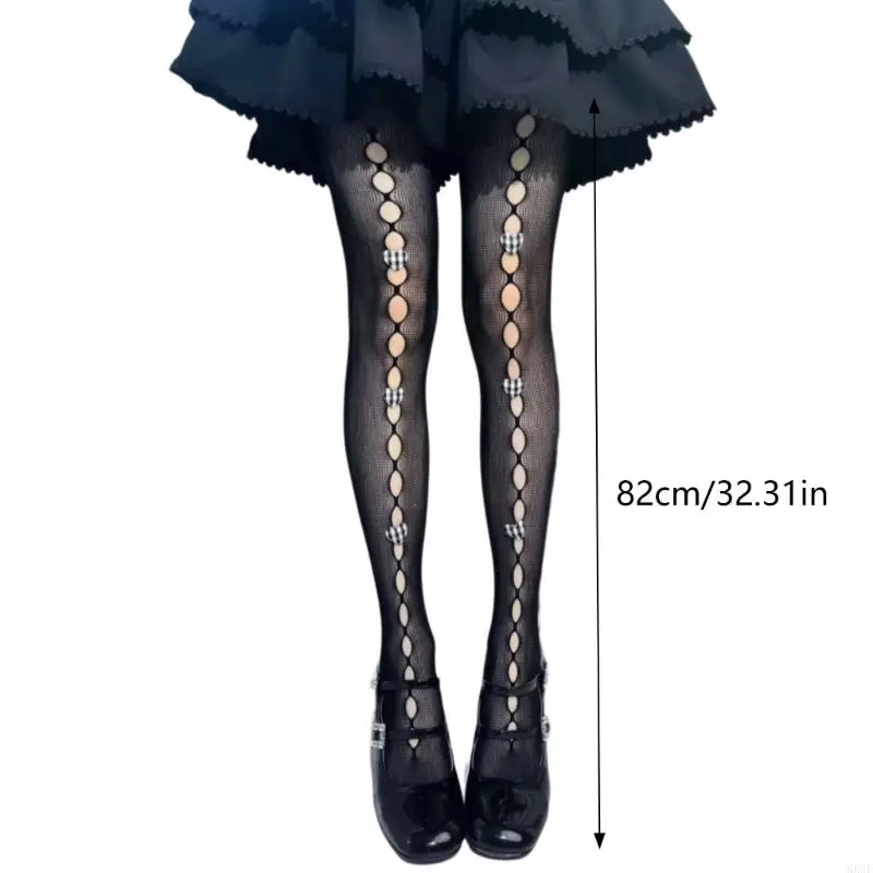 HX6F Womens JK Girls Sweet 3d Heart Bowknot Pantyhose stockings Aesthetic Vintage Hollow Out Hole Fishnet รัดรูป