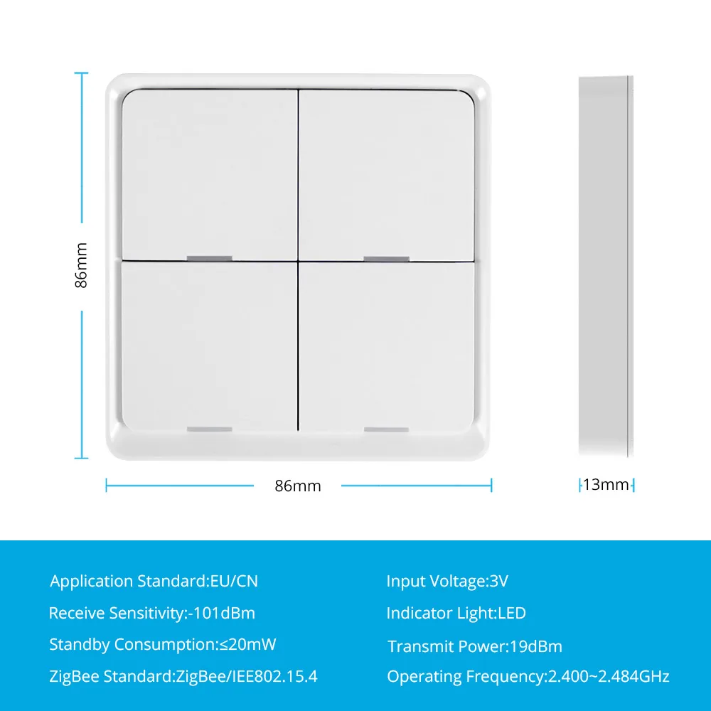 Zemismart 4 Gang Tuya Zigbee Wireless Switch Battery Power Sticker Smart Life App Control Scene Control Home Devices