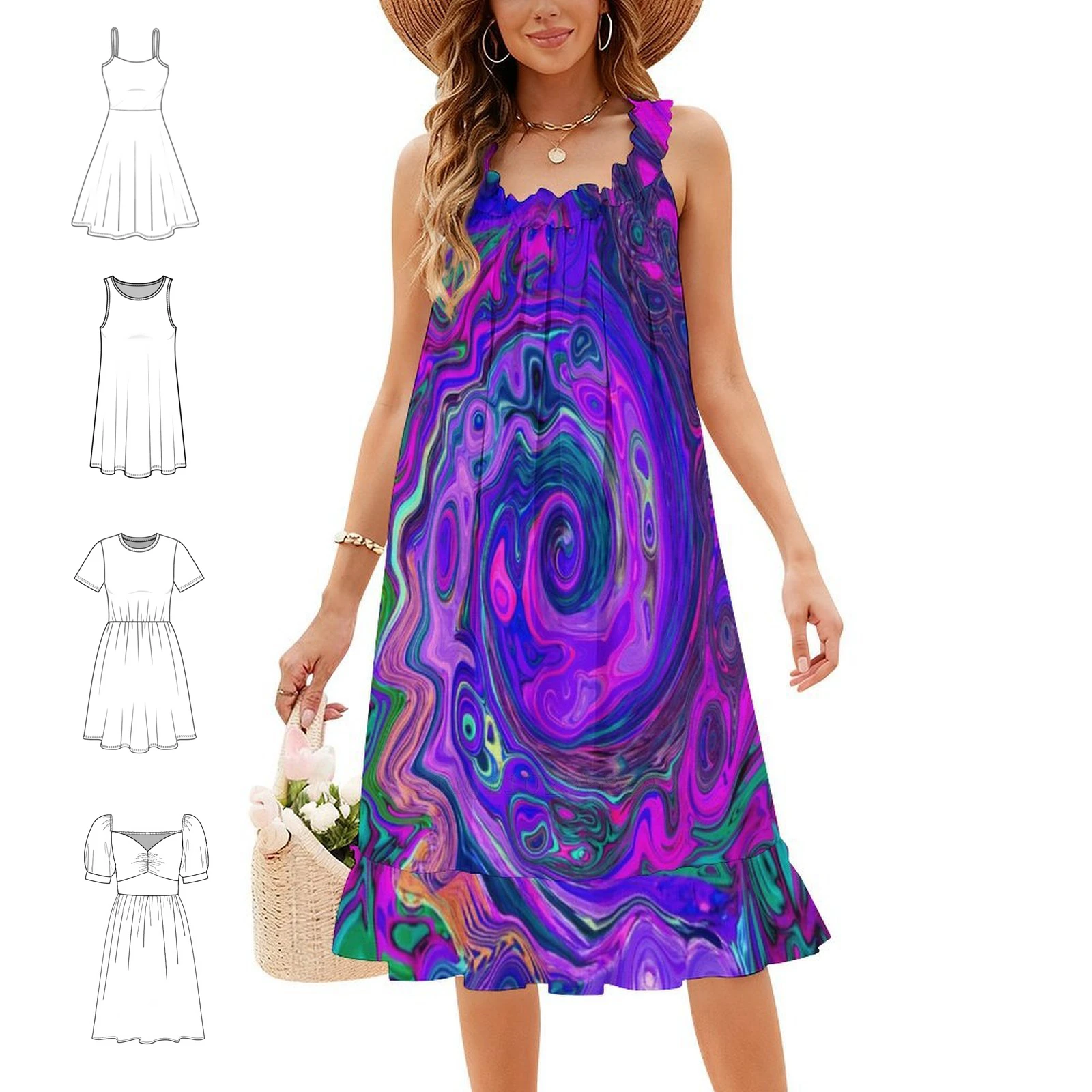 Groovy Abstract Retro Magenta And Purple Swirl Women's Elegant Party Dress A-Line Dress With Short/Long/Sleeveless Options