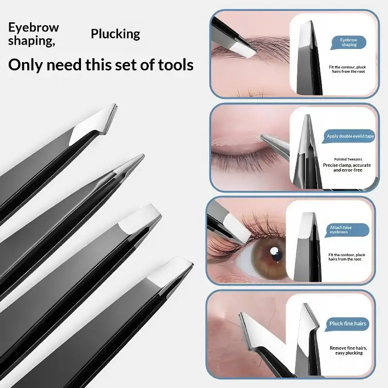 4Pcs Stainless Steel Eyebrow Clip Tweezers Set Eyebrow Tweezers Eyebrow Trimming Set Beauty And Grooming Tools With Mirror Case