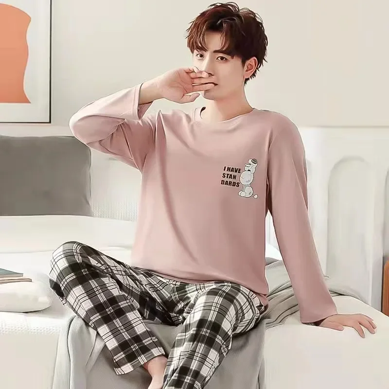 2 pièces nouveau printemps et automne pyjamas pour hommes ensemble garçons doux à manches longues sommeil reste pyjama de fête à domicile hommes