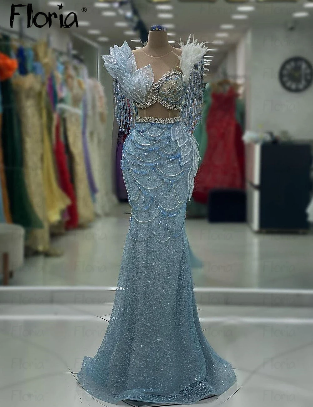 High Quality Sky Blue Luxury Evening Dress With Long Tassel For Women Wedding Party Gowns Graduation Party Dresses Customized