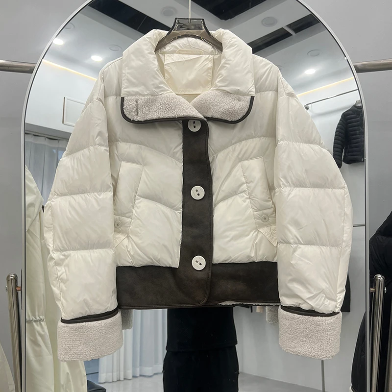 

Winter Short Patchwork Stand Collar Down Jacket Women White Duck Down Single Breasted Parker Outwears Female Warm Thick Jackets