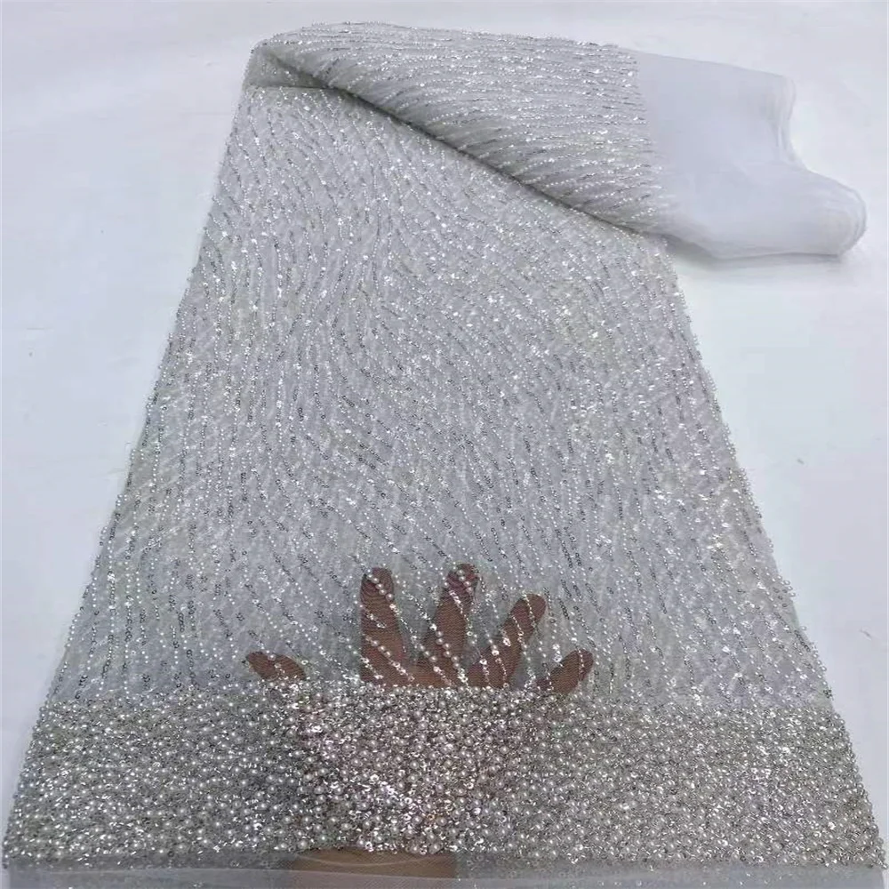 Tissu Africain en Dentelle Perlée et à Paillettes Faites à la Main, Tulle Français de Haute Qualité, pour Patients de Mariage, JY2101, 2024