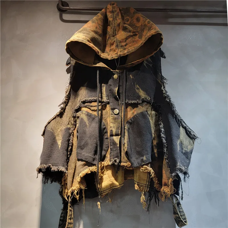 Chic Women Leopard Printed Patchwork Hooded Denim Waistcoat Jeans Vest Sleeveless Jacket Cowboy Cardigan + Harem Pants 2Pcs Set