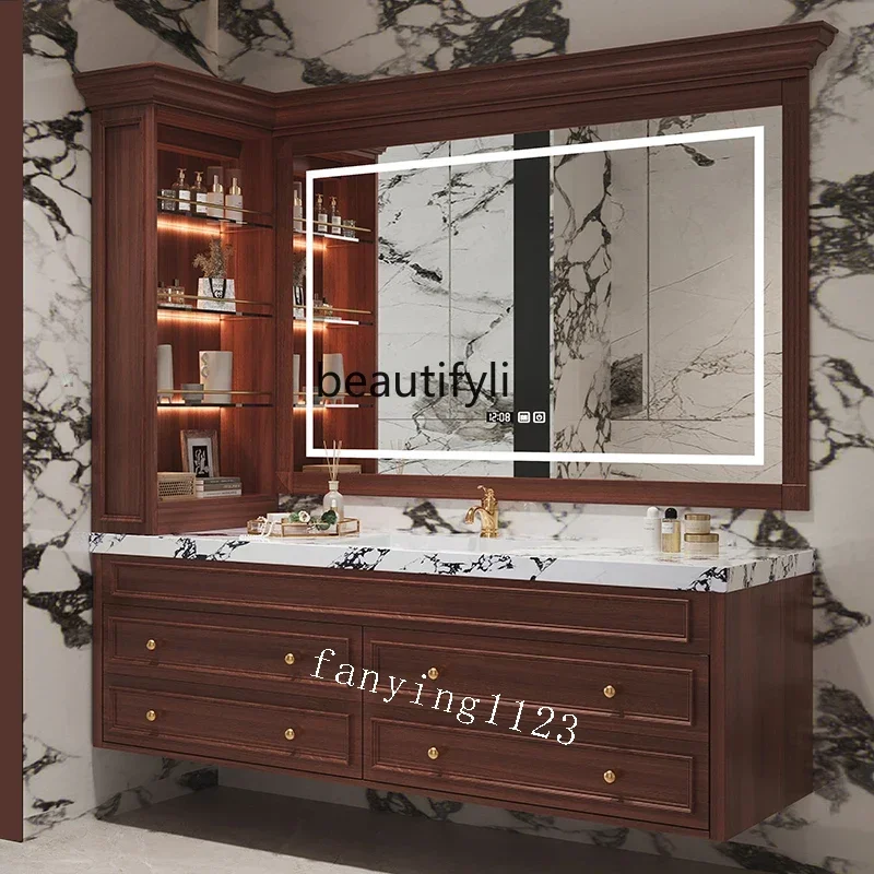 

Y13 French retro bathroom cabinet combination luxury stone, washstand Ymerican bathroom cabinet rock slab, smart mirror