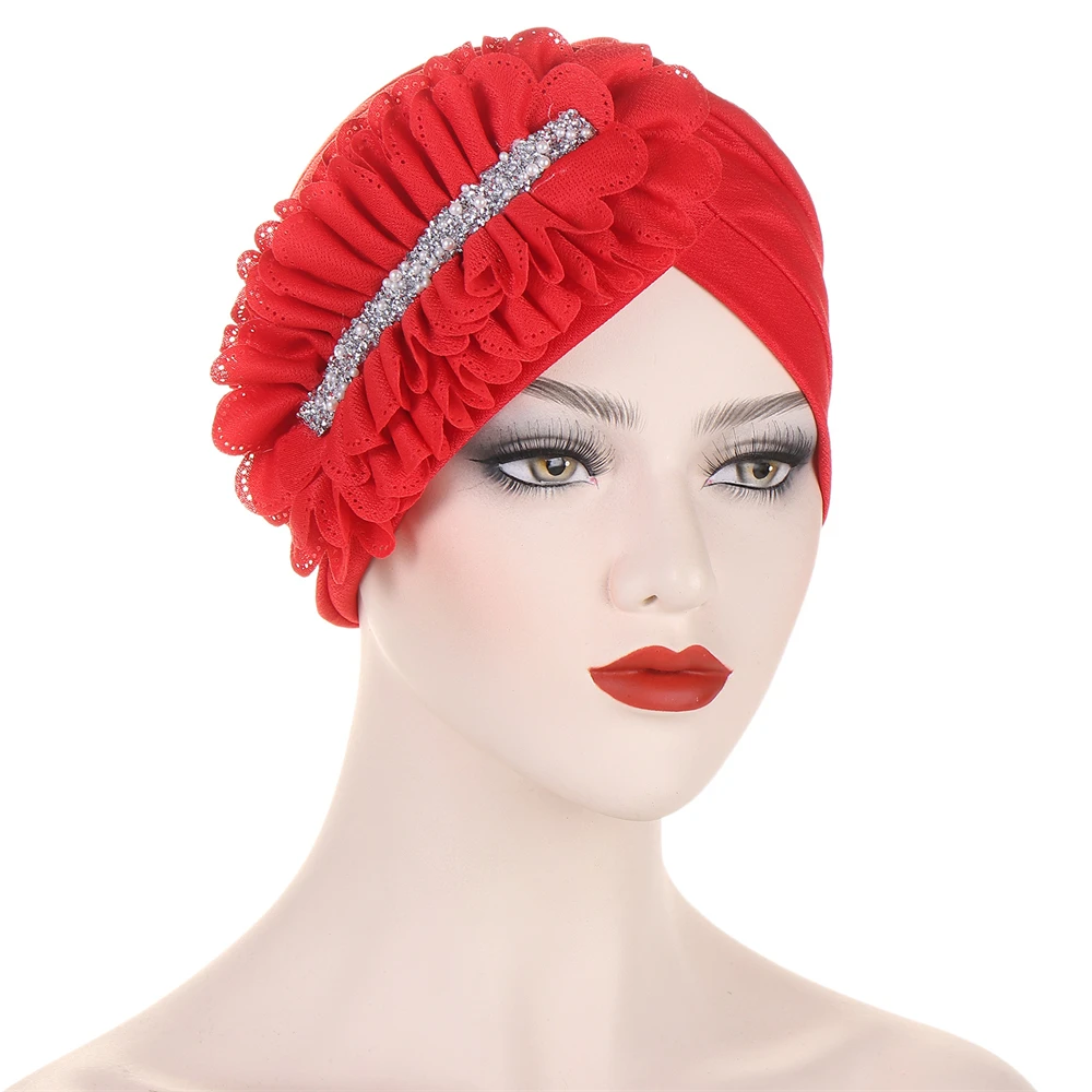 Turbante muçulmano com babados e diamante para mulheres, hijab interno islâmico, tampas de quimioterapia, envoltório árabe, lenço de cabeça feminino, gorro de flores, 2023