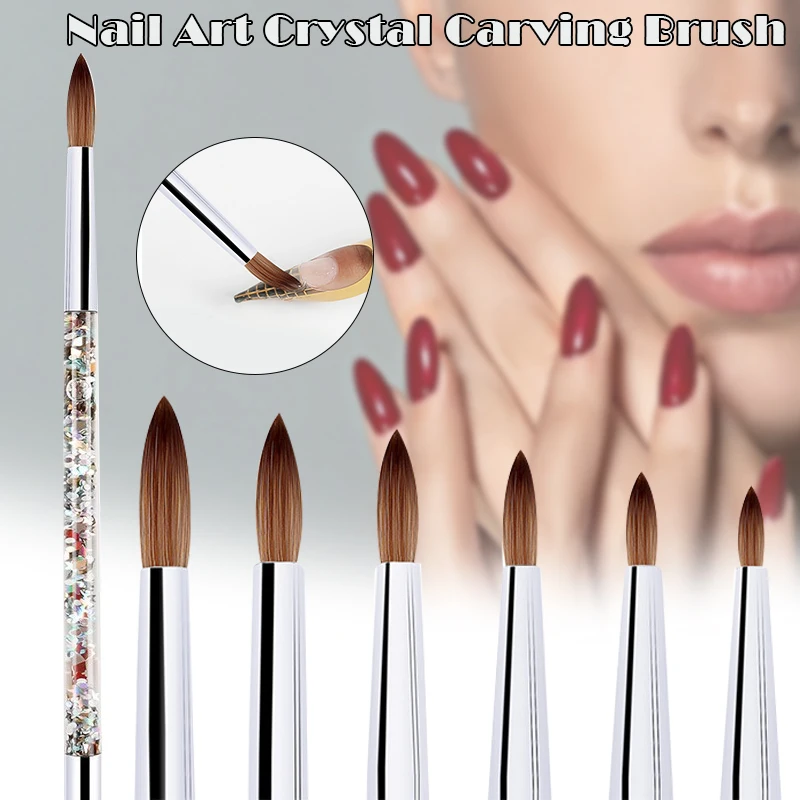 Nail Art Brush Acrylic UV Gel Glitter Painting Brushes Crystal Handle Nylon Hair Carving Flower Pens For Nail Art