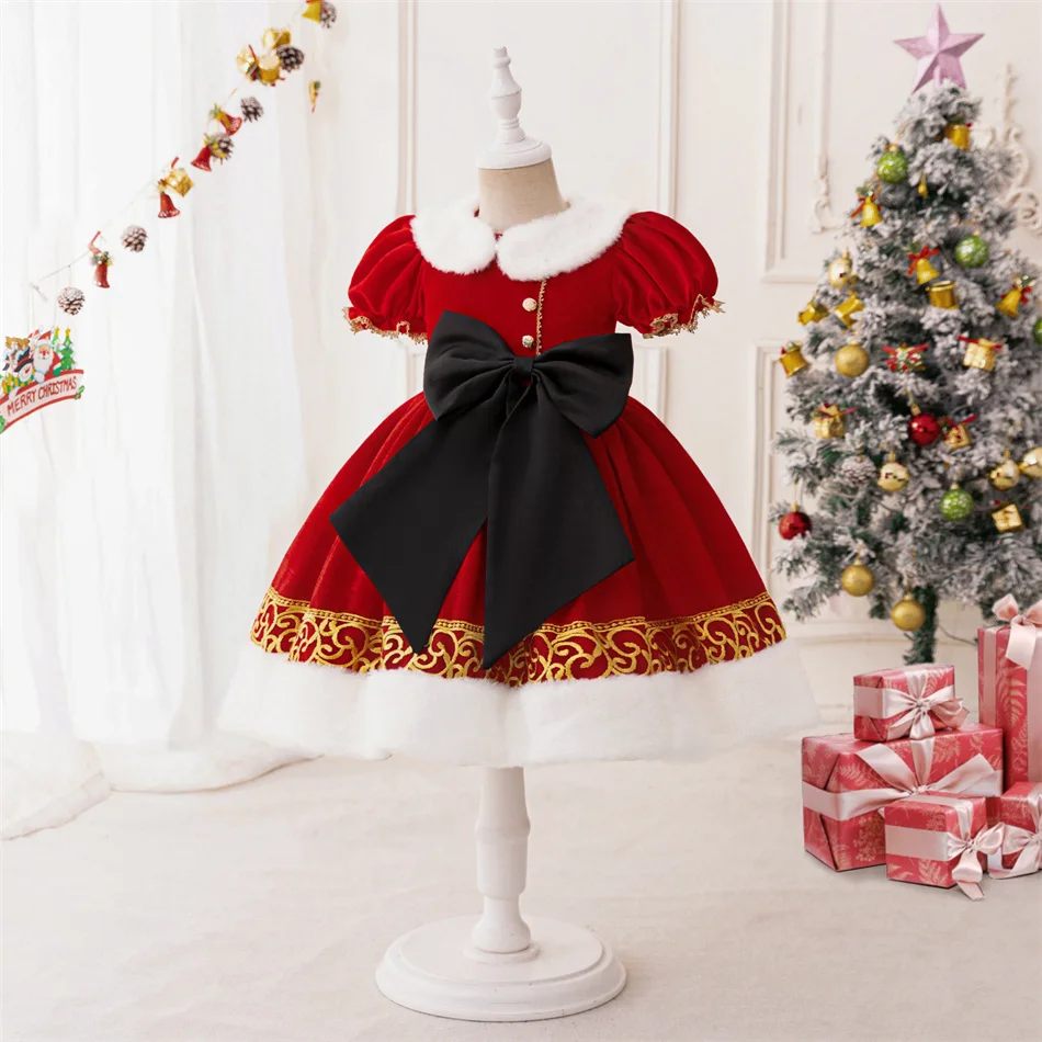 Kids Christmas Princess Dress Girls Print Cartoon Bowknot Gown Santa Claus Reindeer Snowflake ‌Fantasy Deluxe Xmas Party Costume