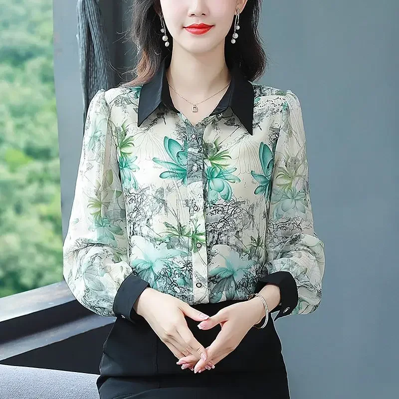 

Women's Clothing Printing Plant&Flowers Tie Dye Spring Button Long Sleeve Cardigan Chiffon Shirt Turn-down Collar Tops JJ507